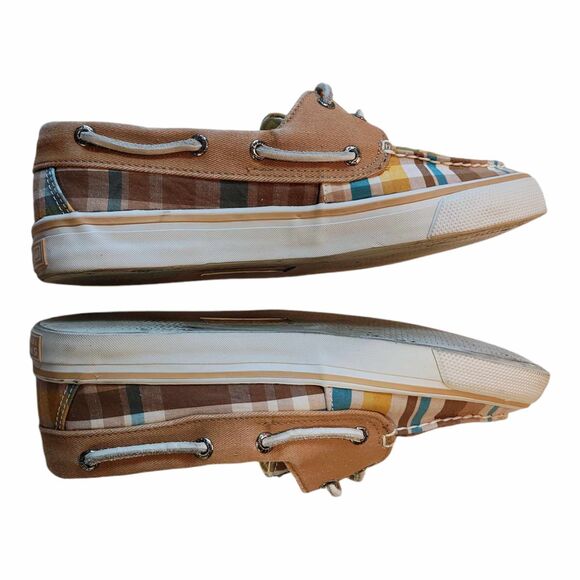 Sperry Top Sider Bahama Boat Shoe Womens Size 7 Brown Camel Plaid Canvas Slip On - Picture 5 of 14